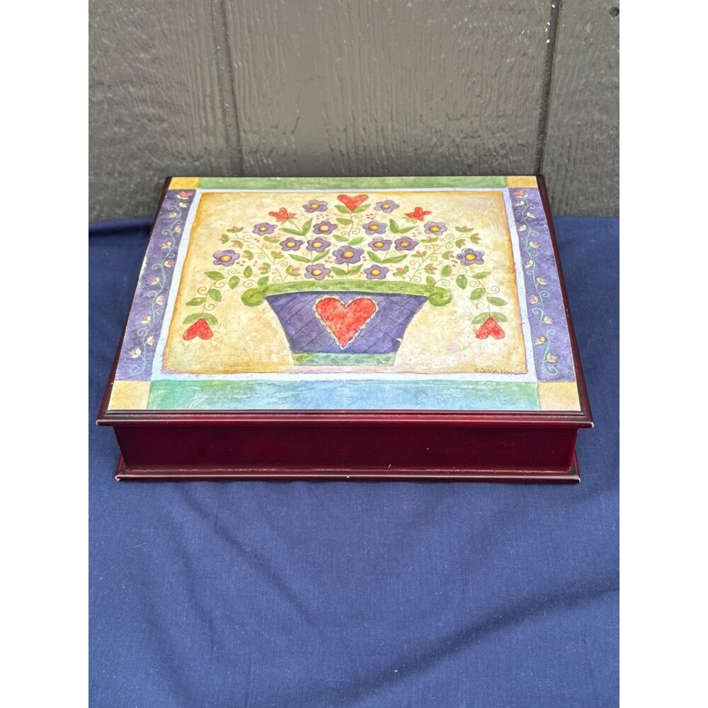 Wooden Jewelry Box With Teresa Kogut Floral Heart Folk Art & Velvet Lining